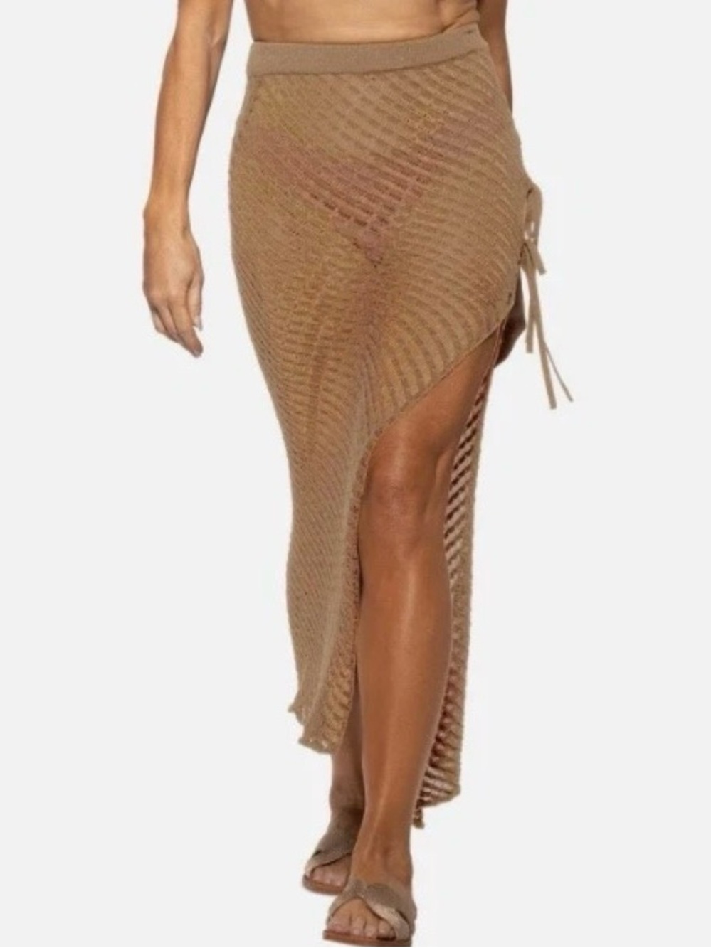 Dotti Shimmery Metallic Open Knit Maxi Cover Up Skirt XL Light Taupe NWT